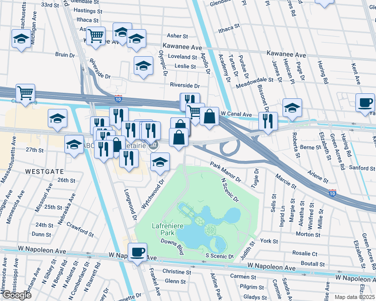 map of restaurants, bars, coffee shops, grocery stores, and more near 6590 Veterans Memorial Boulevard in Metairie