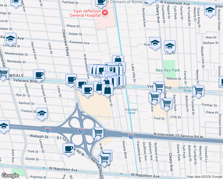 map of restaurants, bars, coffee shops, grocery stores, and more near 4312 Veterans Boulevard in Metairie