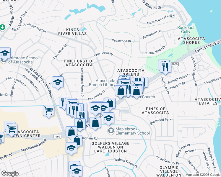 map of restaurants, bars, coffee shops, grocery stores, and more near 7914 12 Fairway Lane in Humble