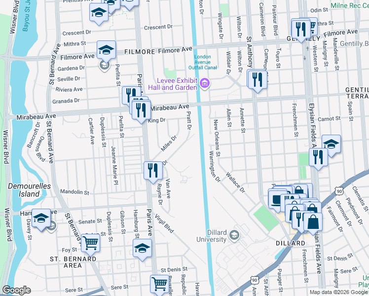 map of restaurants, bars, coffee shops, grocery stores, and more near 1748 Pratt Drive in New Orleans