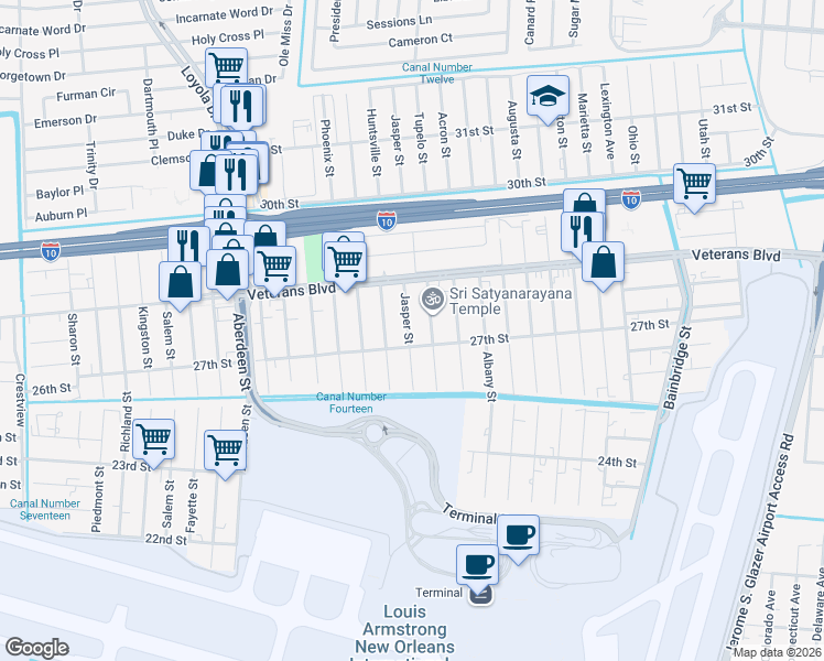 map of restaurants, bars, coffee shops, grocery stores, and more near 2718 Jasper Street in Kenner