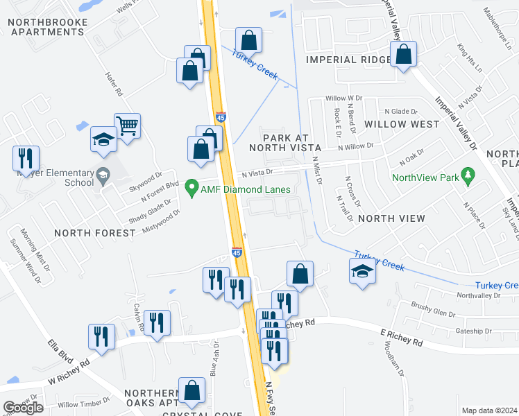 map of restaurants, bars, coffee shops, grocery stores, and more near 16222 North Freeway in Houston