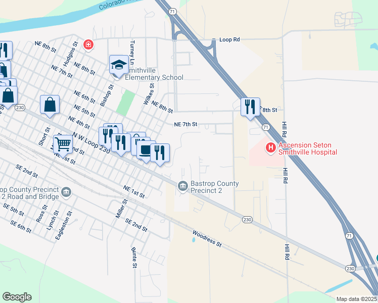 map of restaurants, bars, coffee shops, grocery stores, and more near 100 Bluebonnet Circle in Smithville