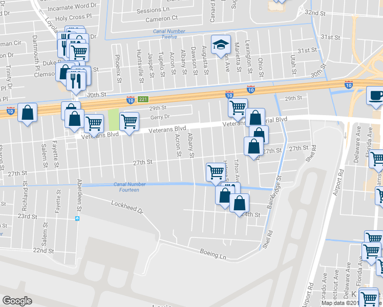 map of restaurants, bars, coffee shops, grocery stores, and more near 2706 Albany Street in Kenner