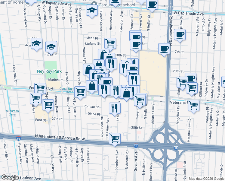 map of restaurants, bars, coffee shops, grocery stores, and more near 3633 Veterans Boulevard in Metairie