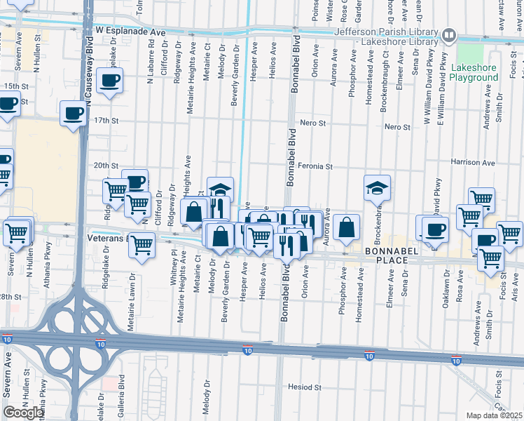 map of restaurants, bars, coffee shops, grocery stores, and more near 856 Helios Avenue in Metairie