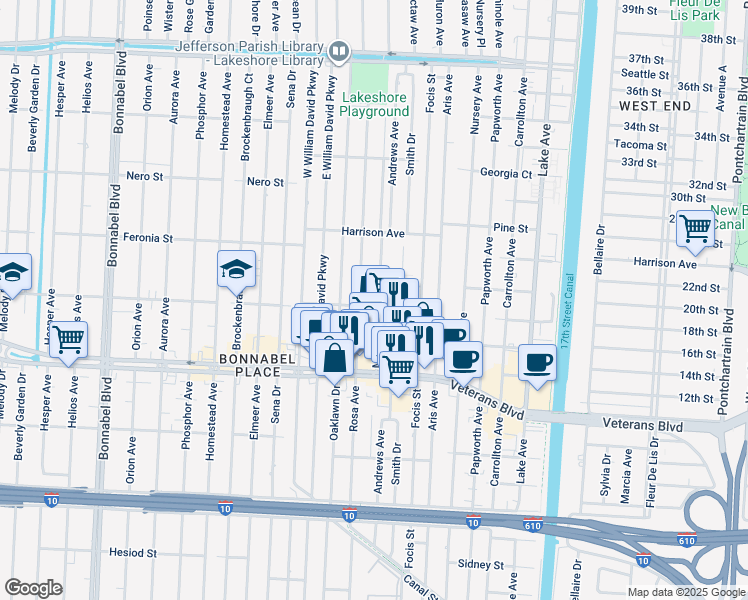 map of restaurants, bars, coffee shops, grocery stores, and more near 813 Martin Behrman Avenue in Metairie