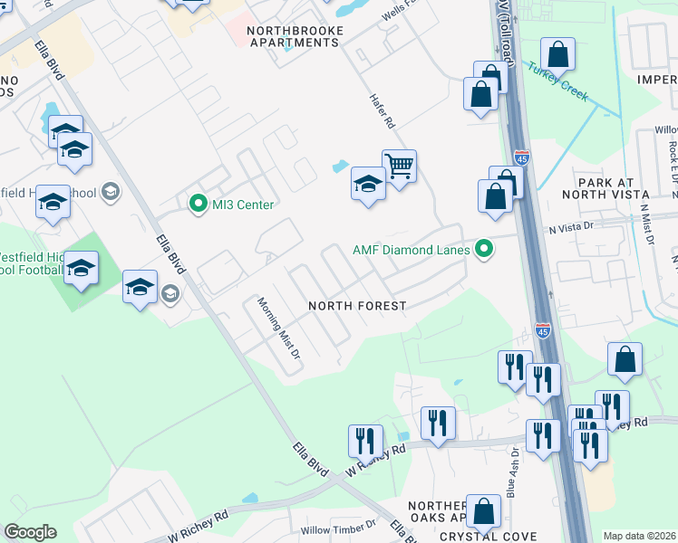 map of restaurants, bars, coffee shops, grocery stores, and more near 16314 Green Shade Drive in Houston