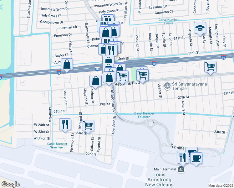 map of restaurants, bars, coffee shops, grocery stores, and more near 2717 Decatur Street in Kenner