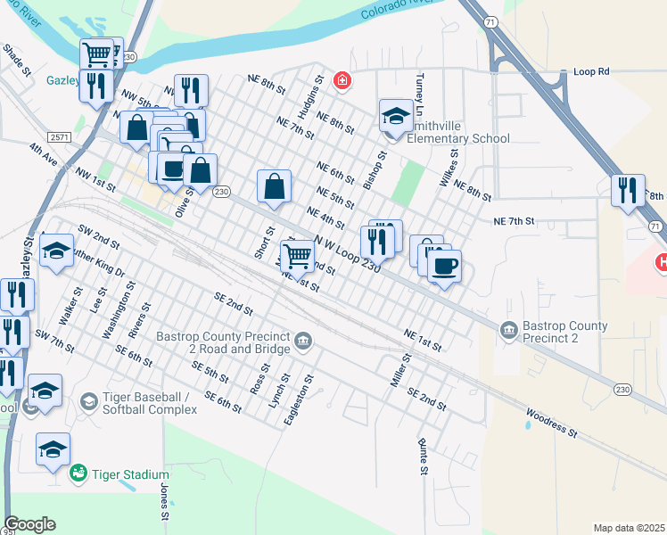 map of restaurants, bars, coffee shops, grocery stores, and more near 200 Bishop Street in Smithville