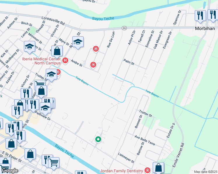 map of restaurants, bars, coffee shops, grocery stores, and more near 406 Astor St in New Iberia