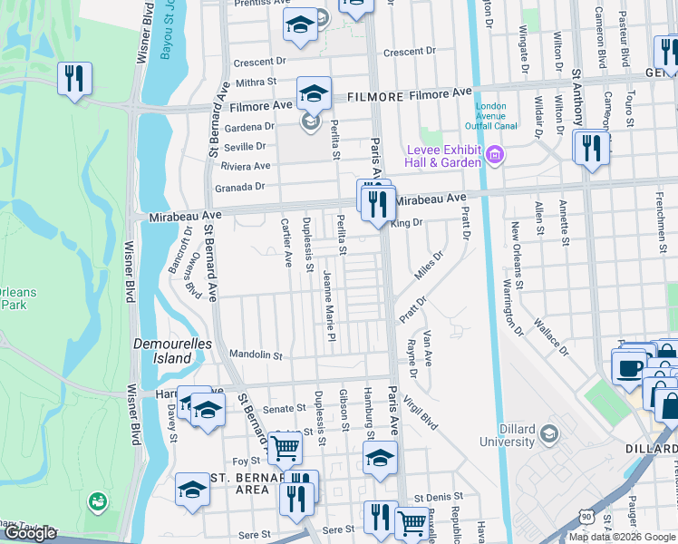 map of restaurants, bars, coffee shops, grocery stores, and more near 4524 Perlita Street in New Orleans