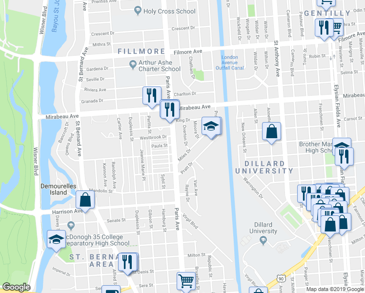 map of restaurants, bars, coffee shops, grocery stores, and more near 4726 Overton Drive in New Orleans