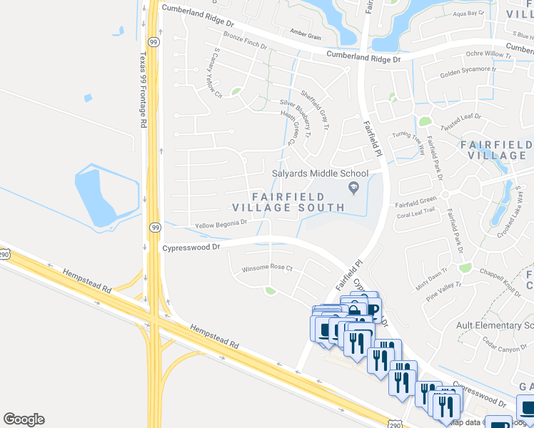 map of restaurants, bars, coffee shops, grocery stores, and more near 14919 Yellow Begonia Drive in Cypress