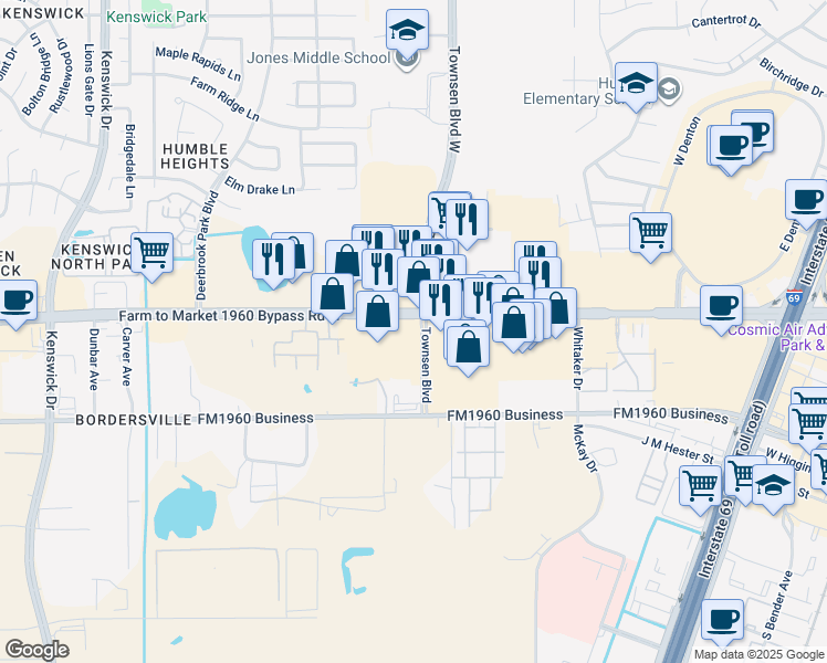 map of restaurants, bars, coffee shops, grocery stores, and more near 9460 Farm to Market 1960 in Humble