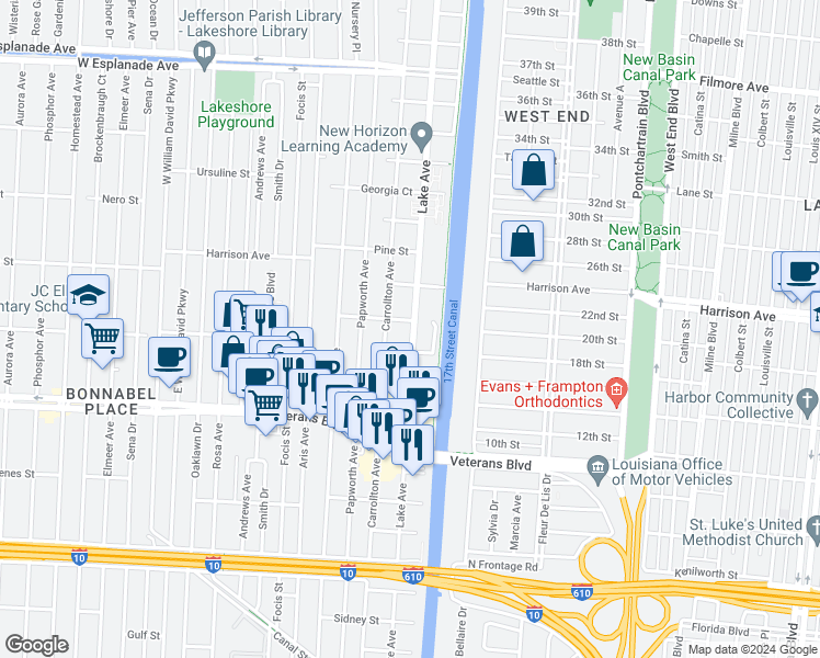 map of restaurants, bars, coffee shops, grocery stores, and more near 1048 Lake Avenue in Metairie
