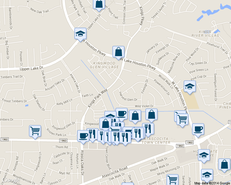 map of restaurants, bars, coffee shops, grocery stores, and more near 6815 Wild Violet Drive in Humble