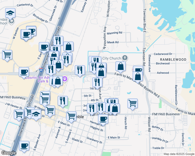 map of restaurants, bars, coffee shops, grocery stores, and more near 1107 North Houston Avenue in Humble