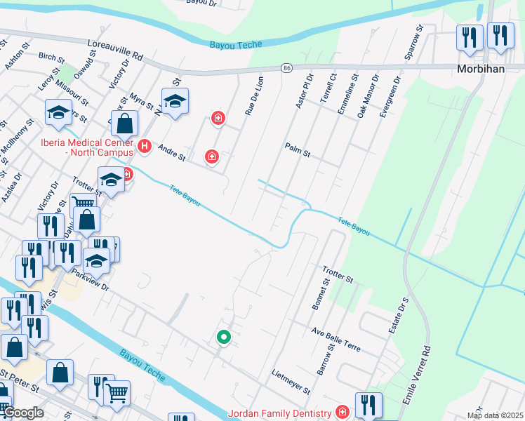 map of restaurants, bars, coffee shops, grocery stores, and more near 406 Astor St in New Iberia