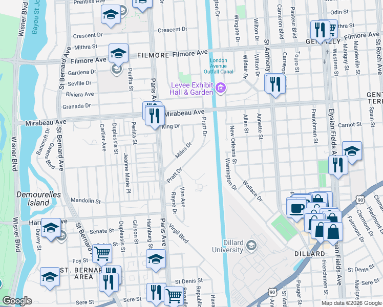 map of restaurants, bars, coffee shops, grocery stores, and more near 4817 Miles Drive in New Orleans