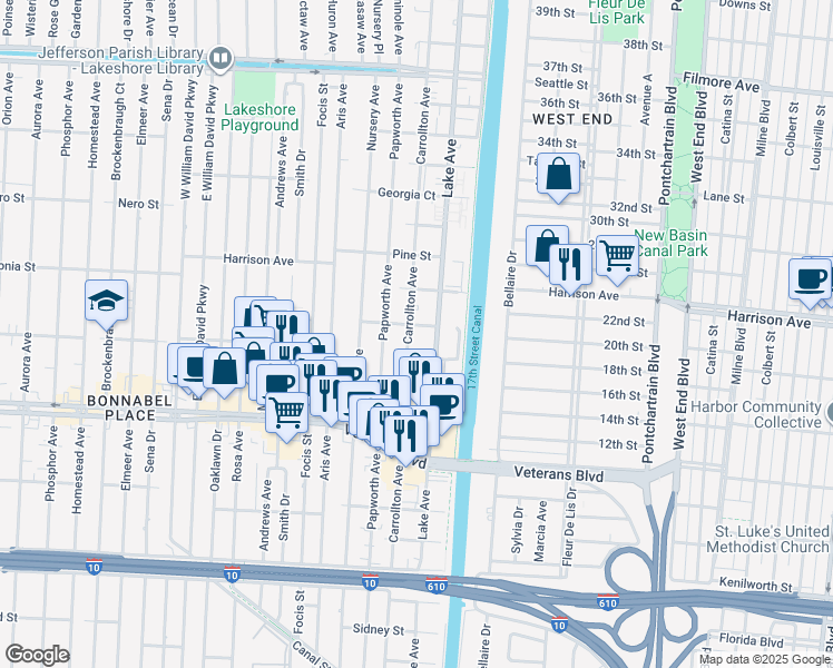 map of restaurants, bars, coffee shops, grocery stores, and more near 1048 Lake Avenue in Metairie