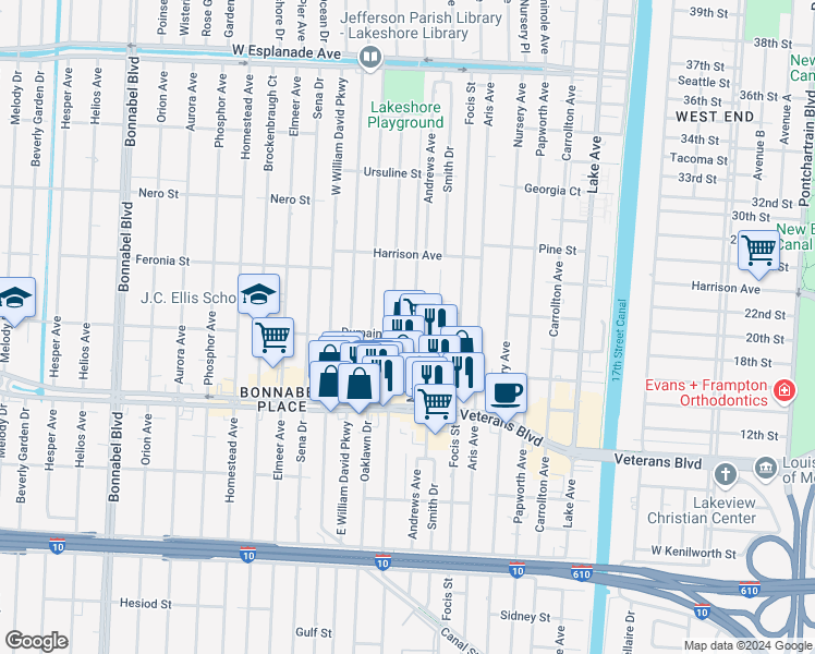 map of restaurants, bars, coffee shops, grocery stores, and more near 813 Martin Behrman Avenue in Metairie