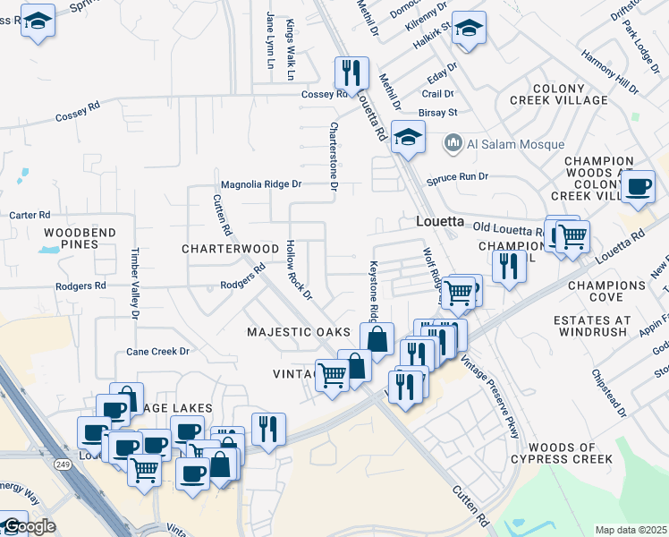 map of restaurants, bars, coffee shops, grocery stores, and more near 16119 Charterstone Drive in Houston