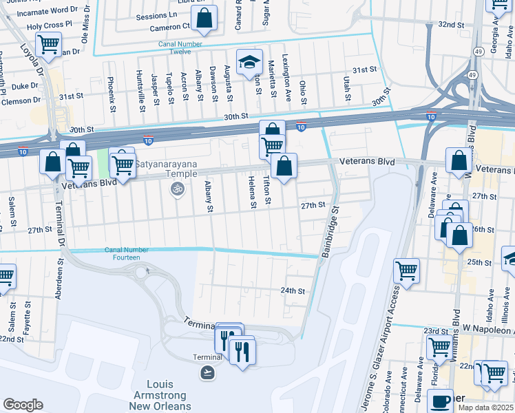 map of restaurants, bars, coffee shops, grocery stores, and more near 2708 Helena Street in Kenner
