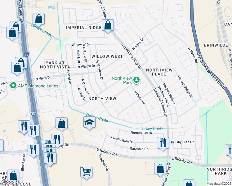 map of restaurants, bars, coffee shops, grocery stores, and more near 711 Northaire Drive in Houston