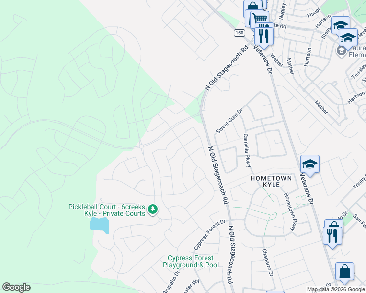 map of restaurants, bars, coffee shops, grocery stores, and more near 188 Silver Pass in Kyle