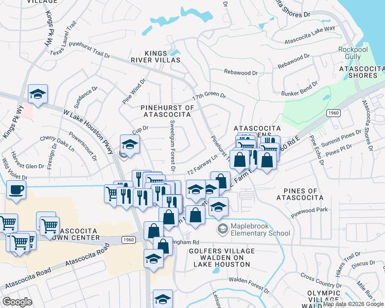 map of restaurants, bars, coffee shops, grocery stores, and more near 7803 Hurst Forest Drive in Humble