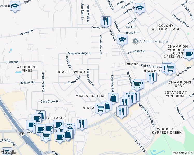 map of restaurants, bars, coffee shops, grocery stores, and more near 16119 Charterstone Drive in Houston