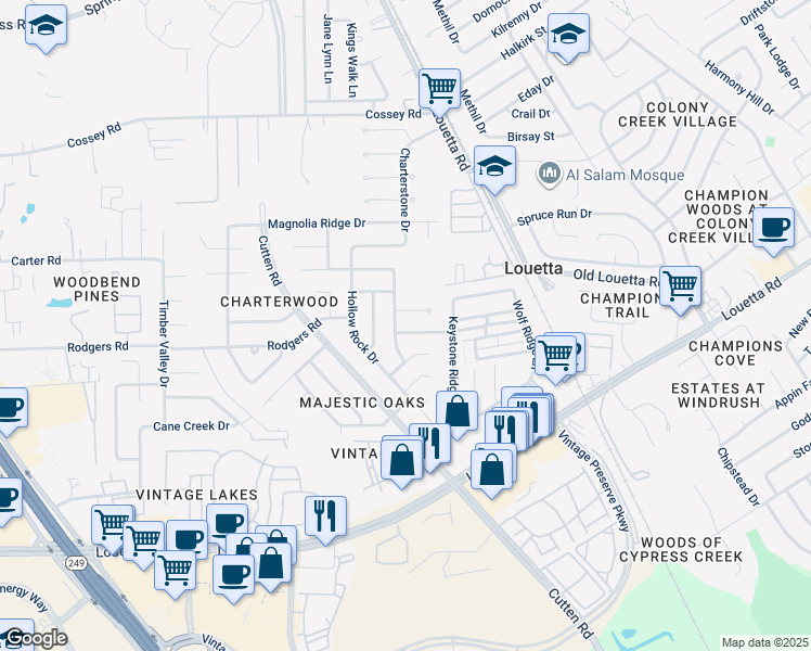 map of restaurants, bars, coffee shops, grocery stores, and more near 16119 Charterstone Drive in Houston