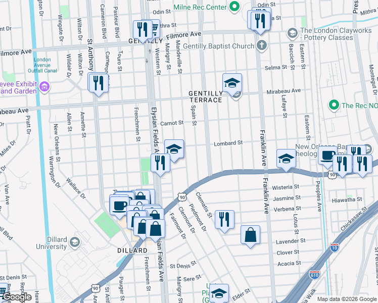 map of restaurants, bars, coffee shops, grocery stores, and more near 4457 Mandeville Street in New Orleans