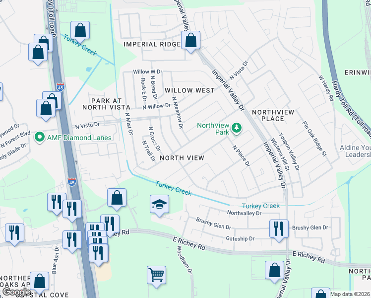 map of restaurants, bars, coffee shops, grocery stores, and more near 618 N Rock Dr in Houston