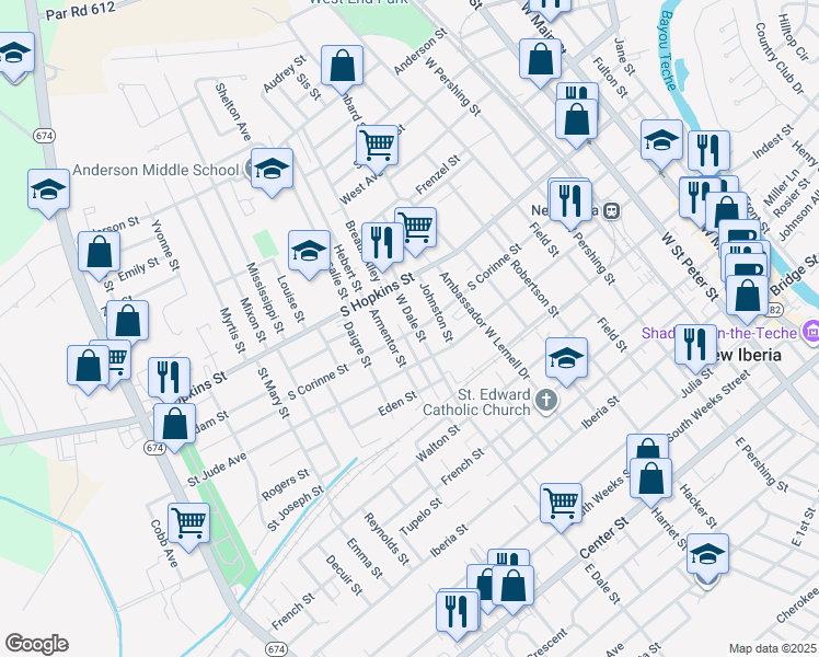 map of restaurants, bars, coffee shops, grocery stores, and more near 501 West Dale Street in New Iberia