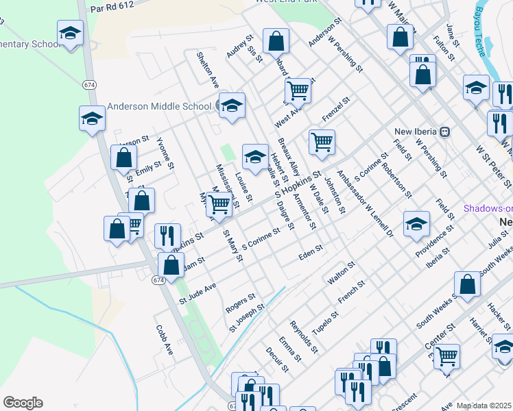map of restaurants, bars, coffee shops, grocery stores, and more near 1200 South Hopkins Street in New Iberia