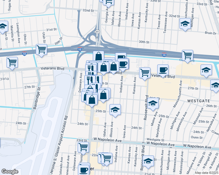 map of restaurants, bars, coffee shops, grocery stores, and more near 2614 Idaho Avenue in Kenner