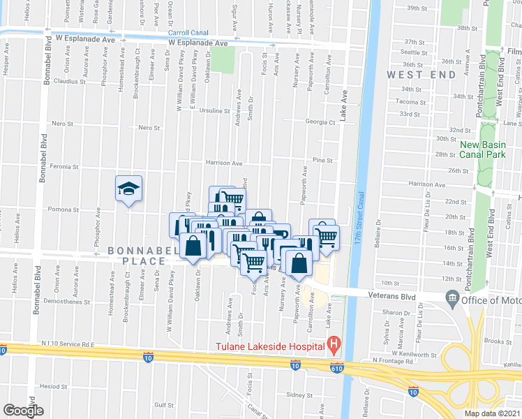 map of restaurants, bars, coffee shops, grocery stores, and more near 1033 Focis Street in Metairie