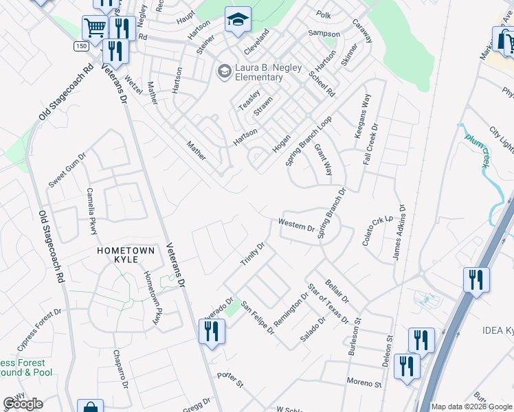 map of restaurants, bars, coffee shops, grocery stores, and more near 110 Western Drive in Kyle