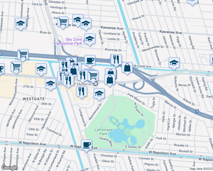 map of restaurants, bars, coffee shops, grocery stores, and more near 6636 Veterans Memorial Boulevard in Metairie