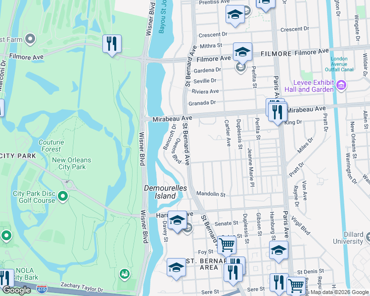 map of restaurants, bars, coffee shops, grocery stores, and more near 4700 Saint Bernard Avenue in New Orleans
