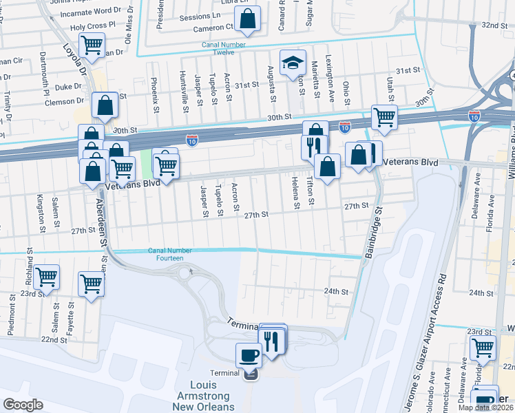 map of restaurants, bars, coffee shops, grocery stores, and more near 2706 Albany Street in Kenner
