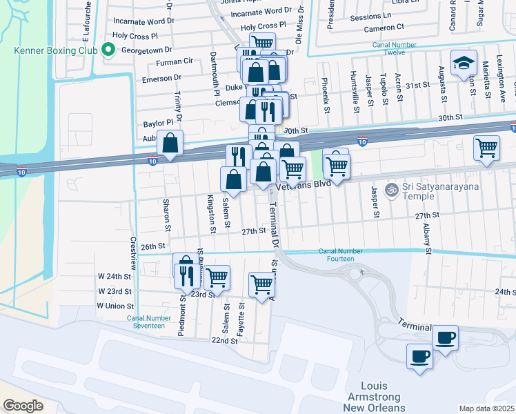 map of restaurants, bars, coffee shops, grocery stores, and more near 2736 Greenwood Street in Kenner