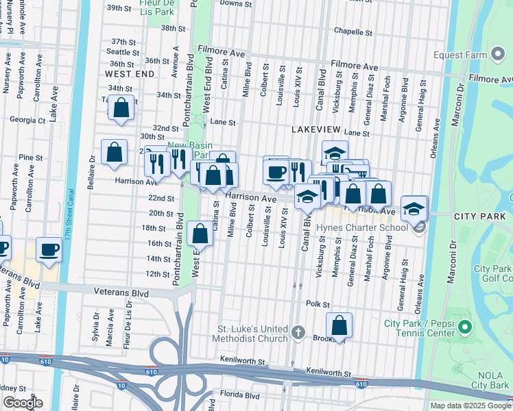 map of restaurants, bars, coffee shops, grocery stores, and more near 6269 Colbert Street in New Orleans