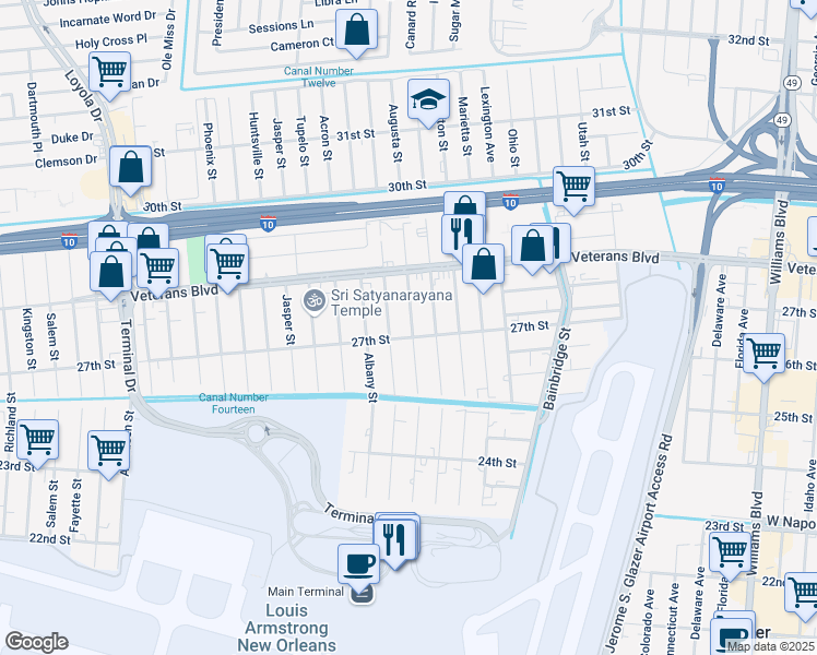 map of restaurants, bars, coffee shops, grocery stores, and more near 2717 Augusta Street in Kenner