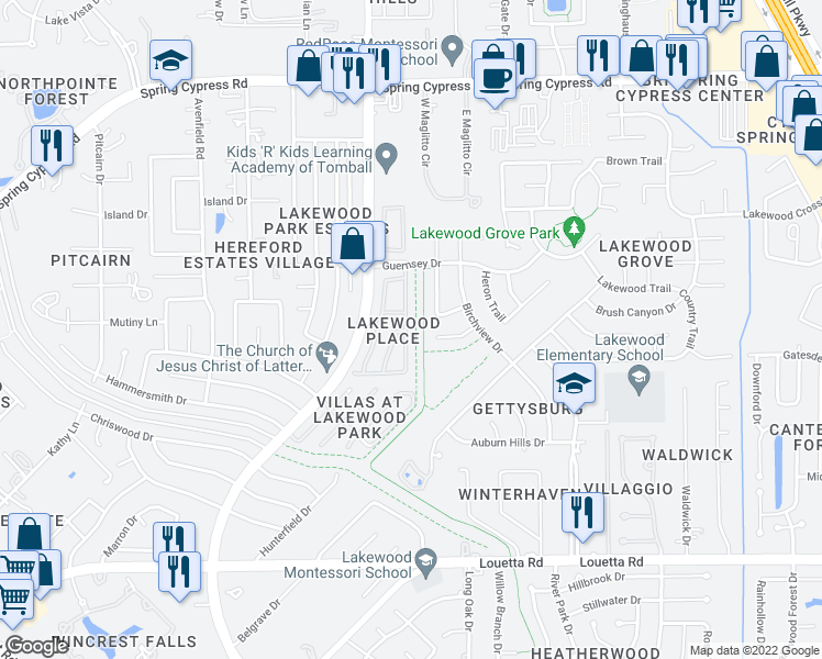 map of restaurants, bars, coffee shops, grocery stores, and more near 16042 Limestone Lake Drive in Tomball