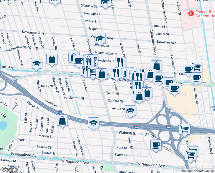 map of restaurants, bars, coffee shops, grocery stores, and more near 6 Quincy Street in Metairie