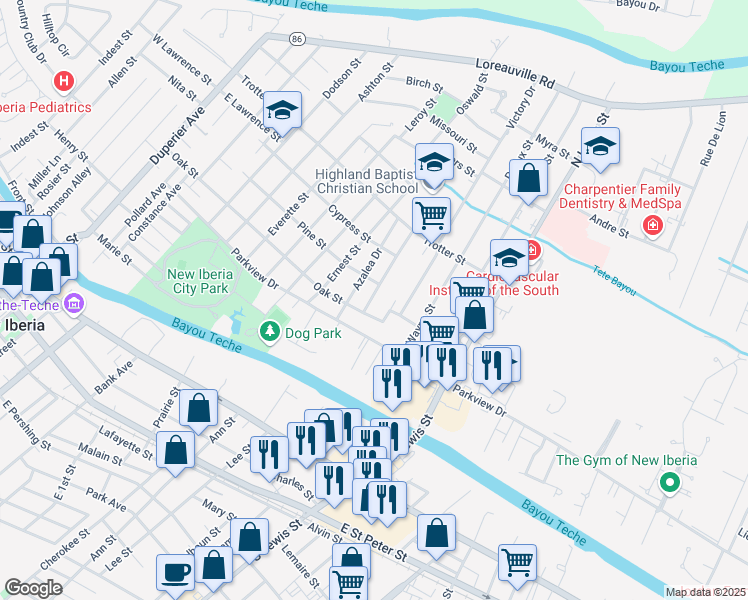 map of restaurants, bars, coffee shops, grocery stores, and more near 306 400 Street in New Iberia