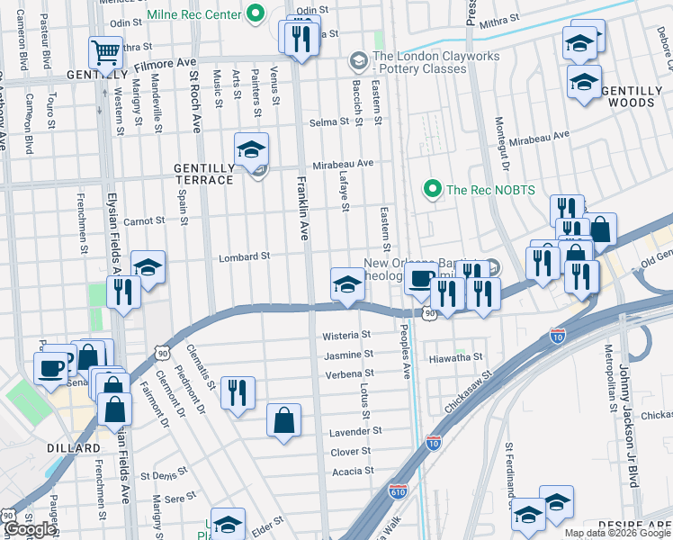 map of restaurants, bars, coffee shops, grocery stores, and more near 3 Demontluzin Street in New Orleans